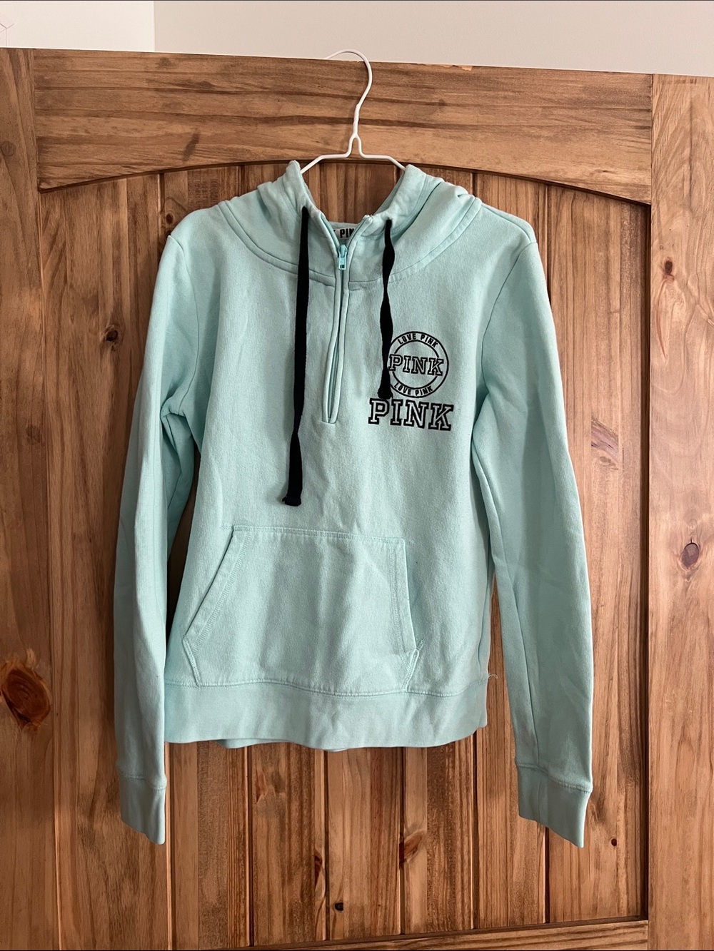 PINK Victoria's Secret Light Mint Half-Zip Hoodie with Black Drawstrings